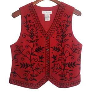 VTG Chrysantheme Vest Womens Red Black Leaf Embroidered Wool Blend Boho Sz Small
